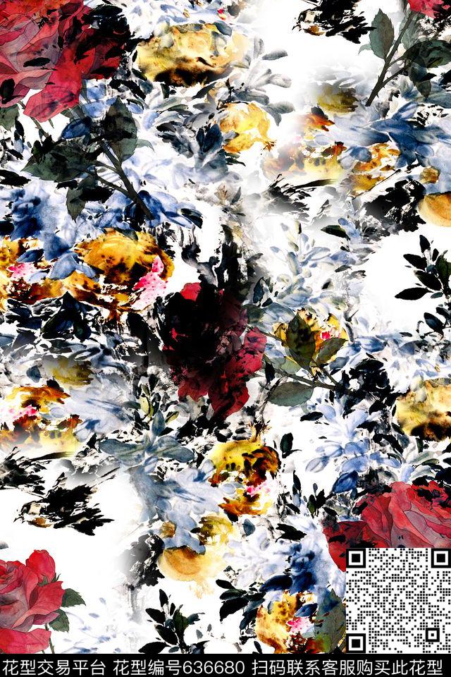 花朵玫瑰中国风数码印花华亿平台下载（图片编号: 636680） - 瓦栏（Walan）