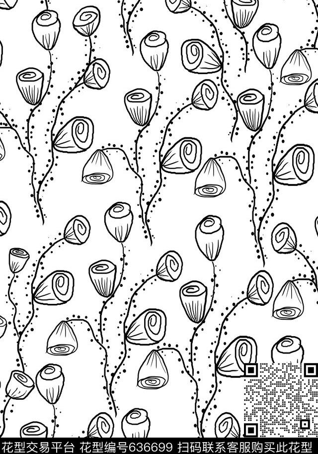 简约黑白花卉装饰风格传统印花华亿平台下载（图片编号: 636699） - 瓦栏（Walan）