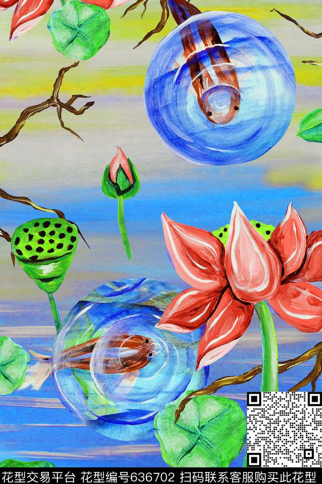 油画荷花花卉数码印花华亿平台下载（图片编号: 636702） - 瓦栏（Walan）