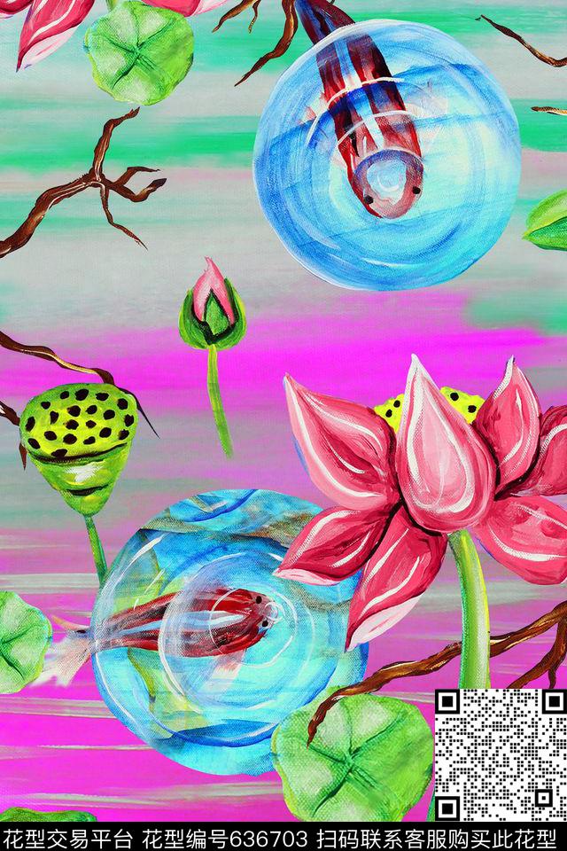 油画荷花花卉数码印花华亿平台下载（图片编号: 636703） - 瓦栏（Walan）