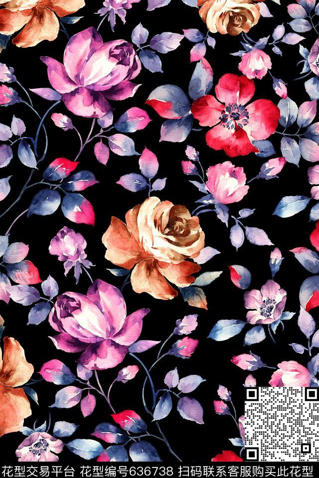 女装裙装玫瑰浪漫花卉数码印花华亿平台下载（图片编号: 636738） - 瓦栏（Walan）