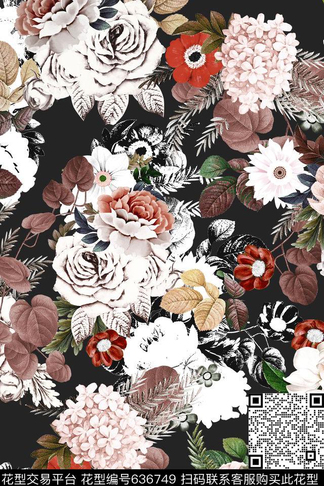 玫瑰绣球花复古数码印花华亿平台下载（图片编号: 636749） - 瓦栏（Walan）