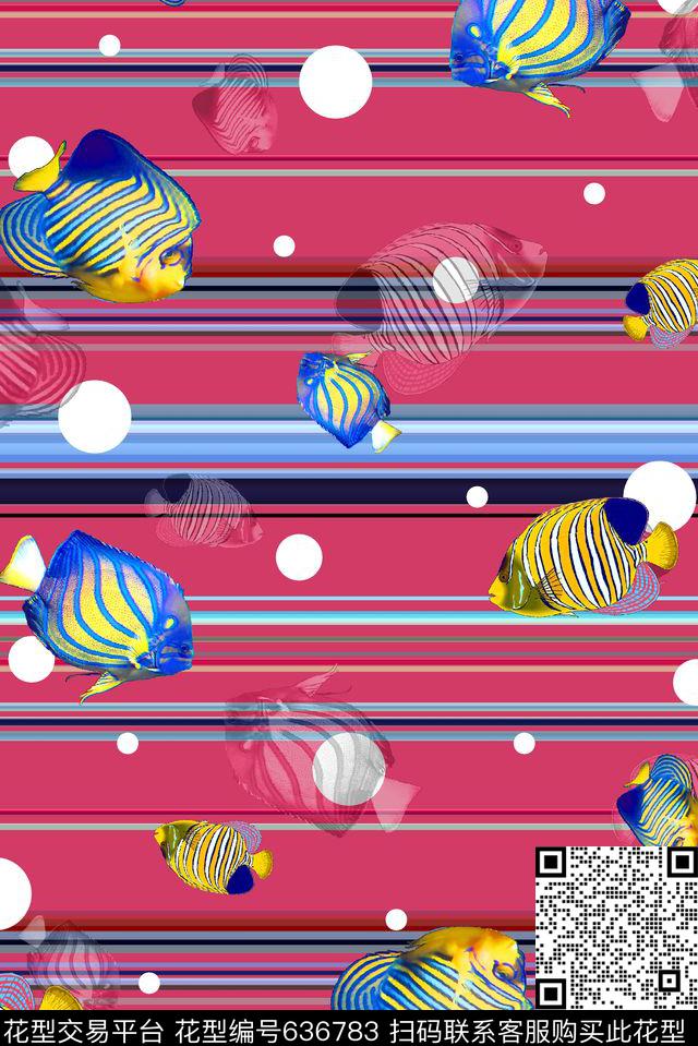 抽象手绘满版时尚波点热带鱼最新高清数码彩色条纹数码印花华亿平台下载（图片编号: 636783） - 瓦栏（Walan）