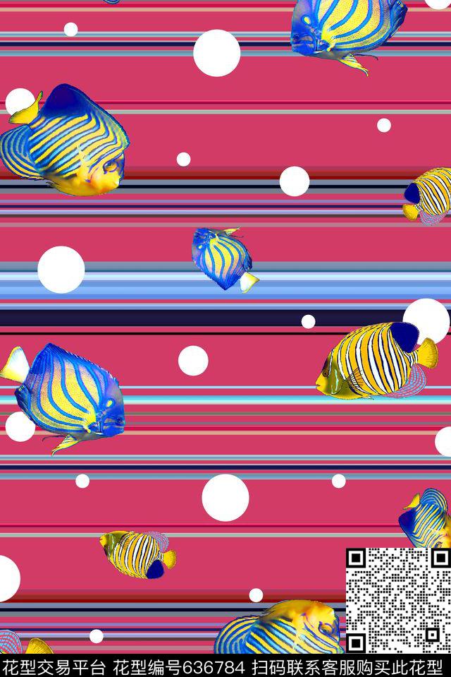 抽象手绘满版时尚波点热带鱼最新高清数码彩色条纹数码印花华亿平台下载（图片编号: 636784） - 瓦栏（Walan）