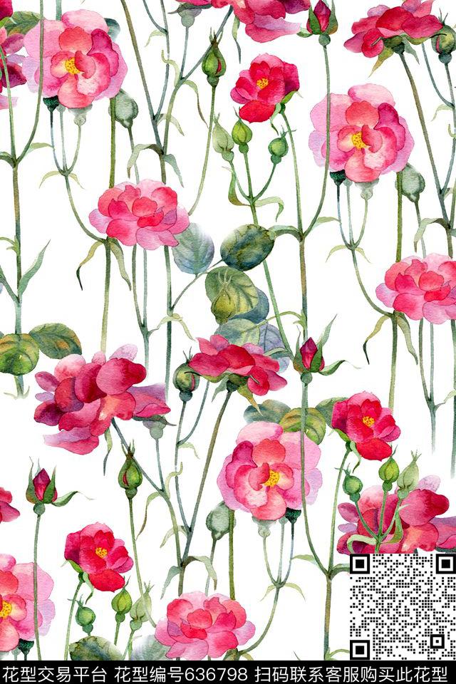 水彩花卉蔷薇数码印花华亿平台下载（图片编号: 636798） - 瓦栏（Walan）