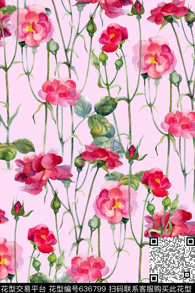 水彩花卉蔷薇数码印花华亿平台下载（图片编号: 636799） - 瓦栏（Walan）