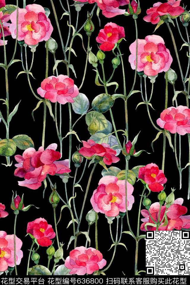 水彩花卉蔷薇数码印花华亿平台下载（图片编号: 636800） - 瓦栏（Walan）