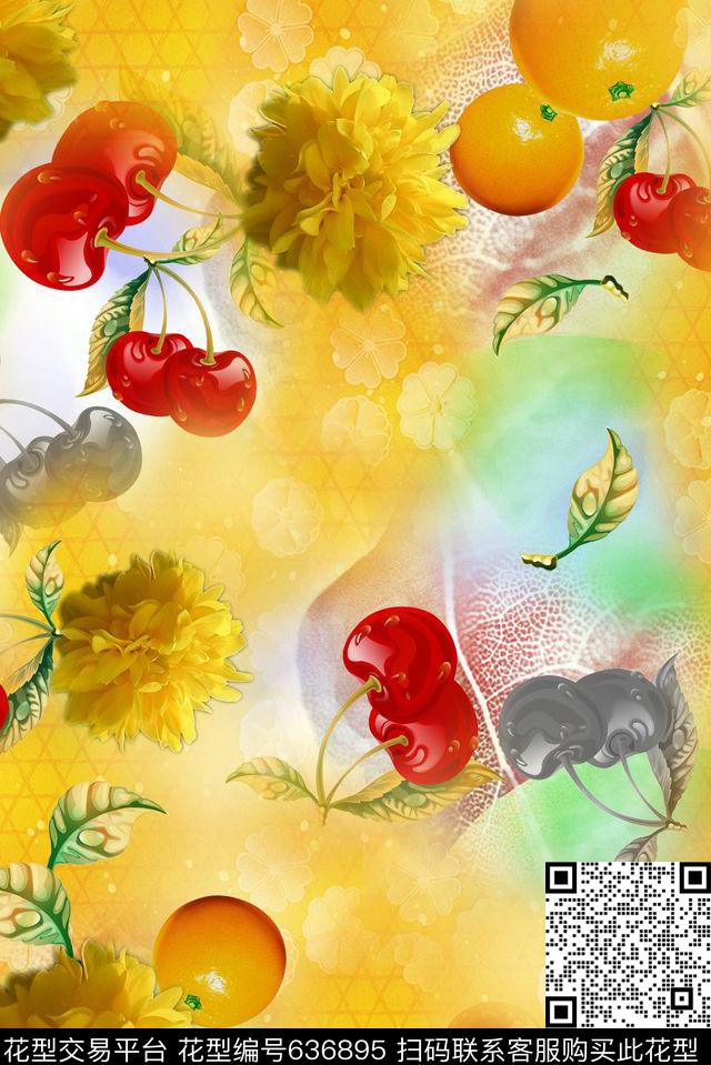 花卉樱桃叶子数码印花华亿平台下载（图片编号: 636895） - 瓦栏（Walan）