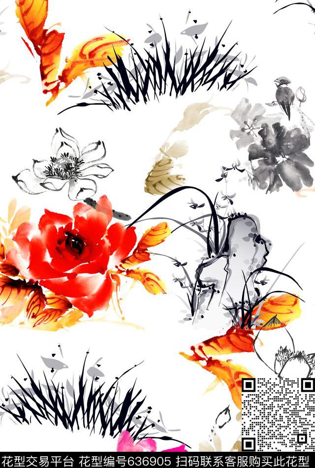 中国风民族风水墨数码印花华亿平台下载（图片编号: 636905） - 瓦栏（Walan）