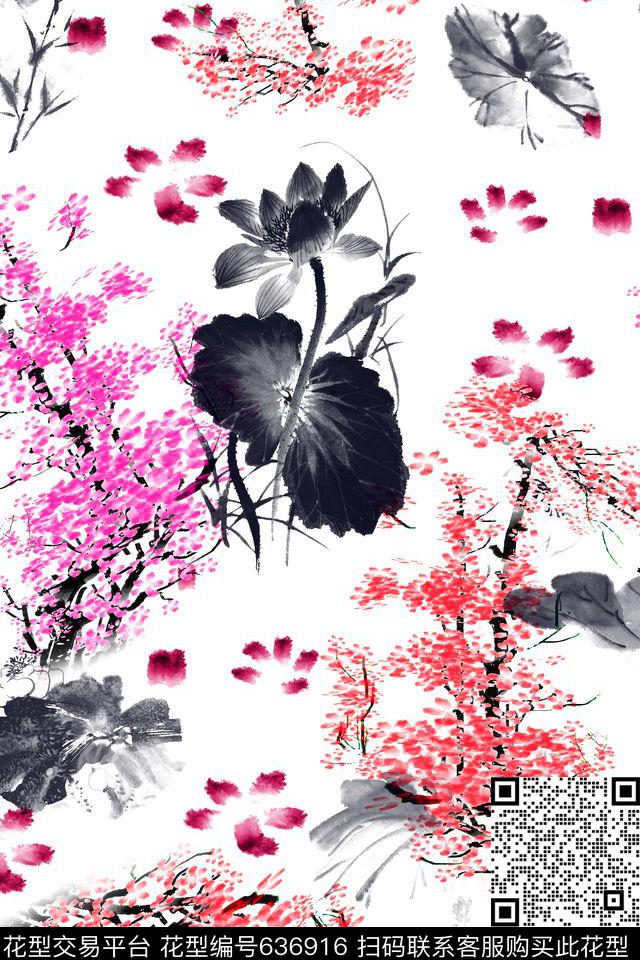 中国风桃花水墨数码印花华亿平台下载（图片编号: 636916） - 瓦栏（Walan）