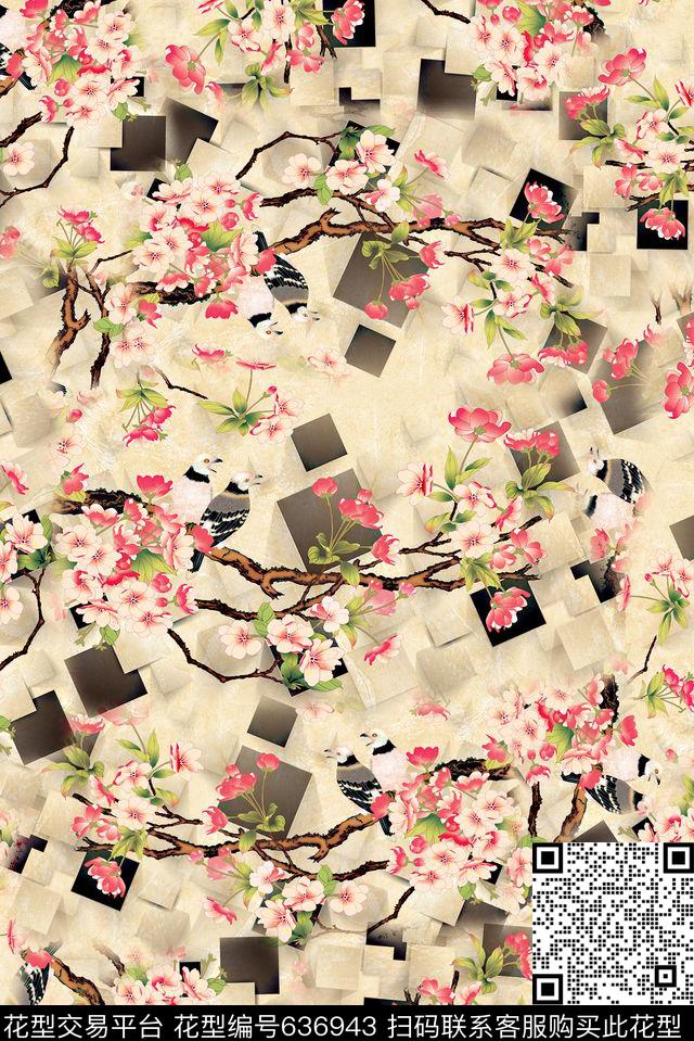 四方连续花鸟画水墨感数码印花华亿平台下载（图片编号: 636943） - 瓦栏（Walan）