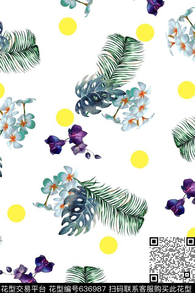 花卉棕榈叶热带数码印花华亿平台下载（图片编号: 636987） - 瓦栏（Walan）