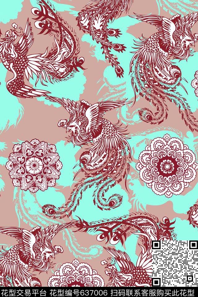 中国风凤凰剪纸传统印花华亿平台下载（图片编号: 637006） - 瓦栏（Walan）