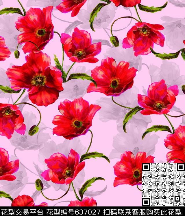 罂粟花花朵花卉数码印花华亿平台下载（图片编号: 637027） - 瓦栏（Walan）