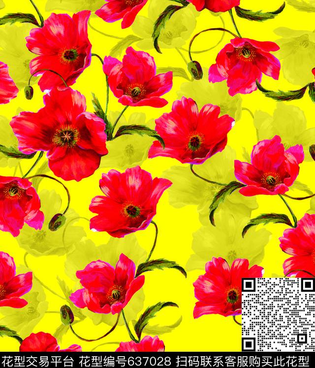 罂粟花花朵花卉数码印花华亿平台下载（图片编号: 637028） - 瓦栏（Walan）