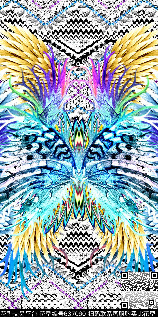 蝴蝶羽毛几何格子数码印花华亿平台下载（图片编号: 637060） - 瓦栏（Walan）