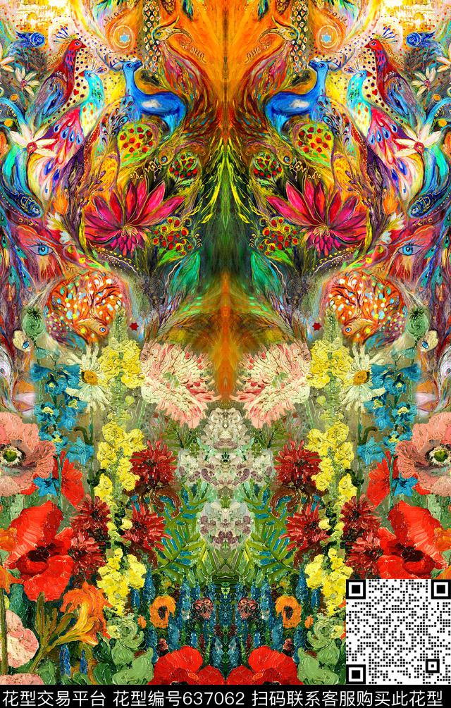油画花卉孔雀数码印花华亿平台下载（图片编号: 637062） - 瓦栏（Walan）
