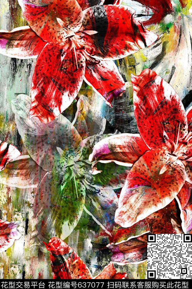 手绘花面料花百合数码印花华亿平台下载（图片编号: 637077） - 瓦栏（Walan）