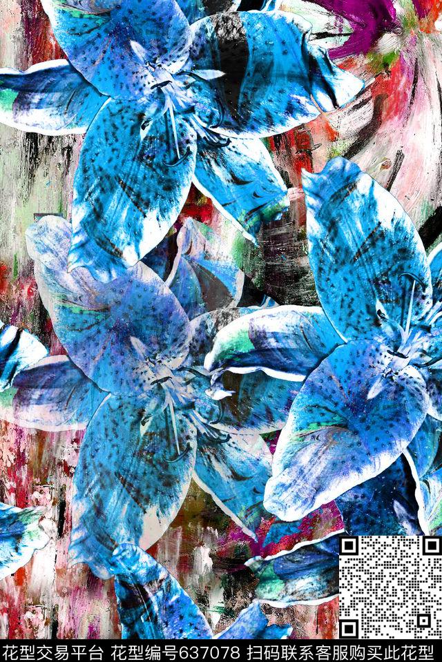 手绘花面料花百合数码印花华亿平台下载（图片编号: 637078） - 瓦栏（Walan）