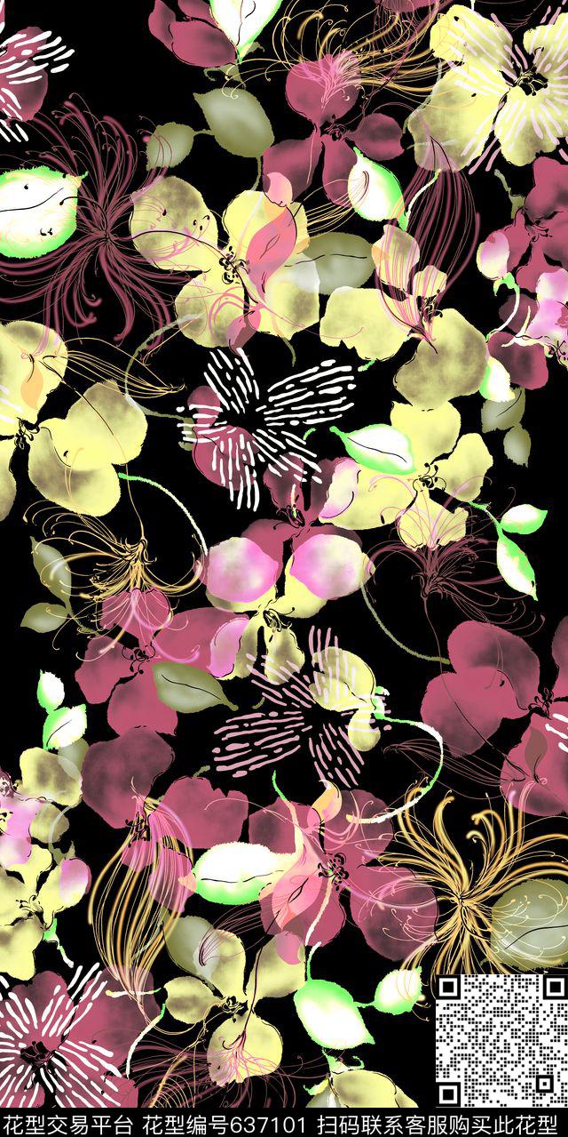 黑底水彩半透明数码印花华亿平台下载（图片编号: 637101） - 瓦栏（Walan）