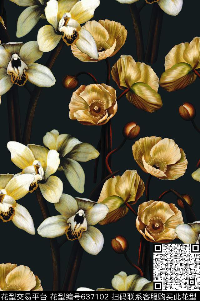 潮流时尚油画质感花卉数码印花华亿平台下载（图片编号: 637102） - 瓦栏（Walan）