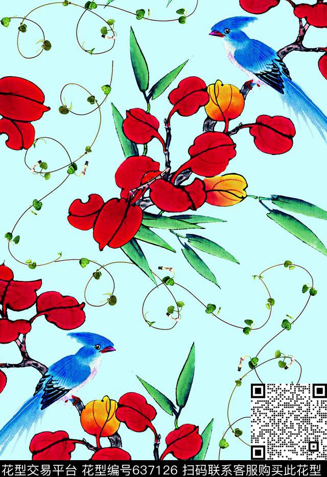 中国风中国花鸟画枫叶数码印花华亿平台下载（图片编号: 637126） - 瓦栏（Walan）