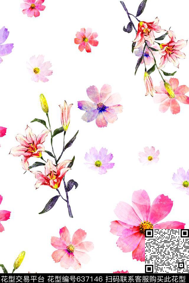 水彩花欧美花朵数码印花华亿平台下载（图片编号: 637146） - 瓦栏（Walan）