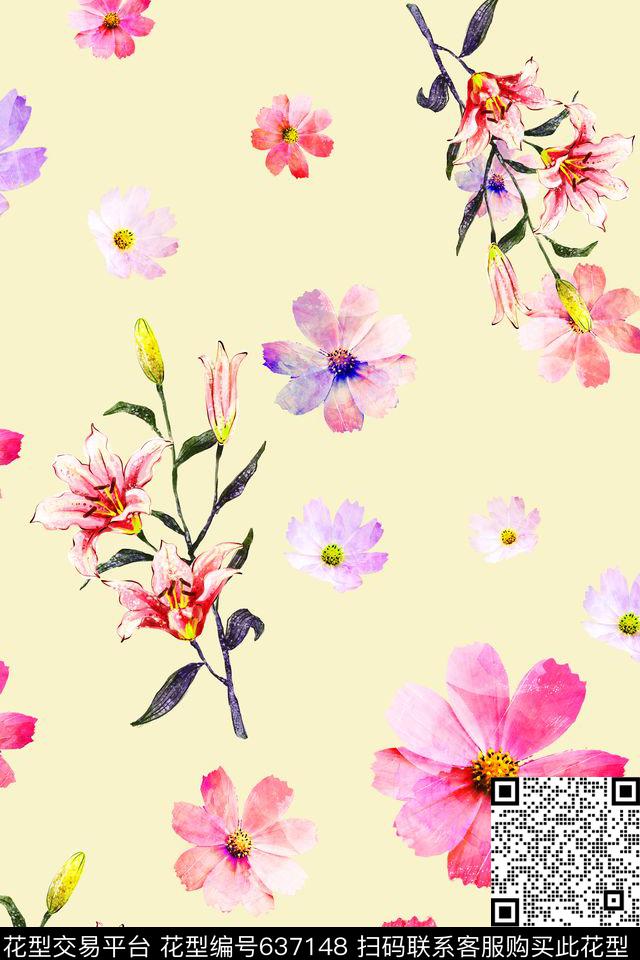 水彩花欧美花朵数码印花华亿平台下载（图片编号: 637148） - 瓦栏（Walan）