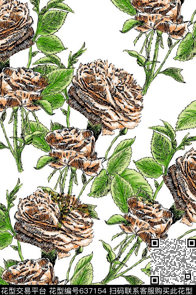 时尚大朵线描数码印花华亿平台下载（图片编号: 637154） - 瓦栏（Walan）