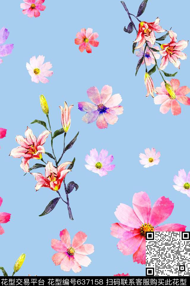 水彩花欧美花朵数码印花华亿平台下载（图片编号: 637158） - 瓦栏（Walan）