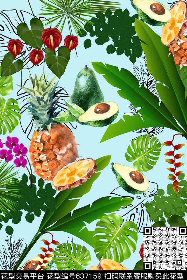 棕榈叶热带L.D~花卉数码印花华亿平台下载（图片编号: 637159） - 瓦栏（Walan）