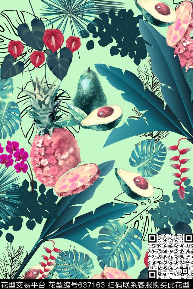 棕榈叶热带L.D~花卉数码印花华亿平台下载（图片编号: 637163） - 瓦栏（Walan）