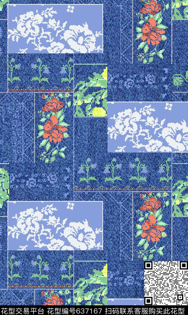 拼接牛仔纹时尚数码印花华亿平台下载（图片编号: 637167） - 瓦栏（Walan）