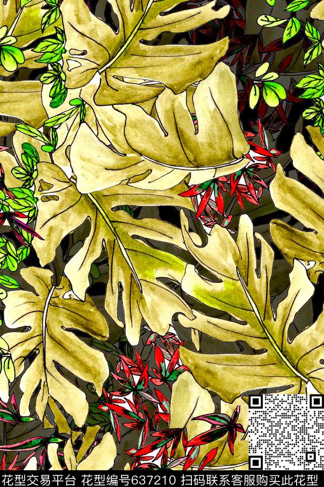 热带手绘树叶数码印花华亿平台下载（图片编号: 637210） - 瓦栏（Walan）