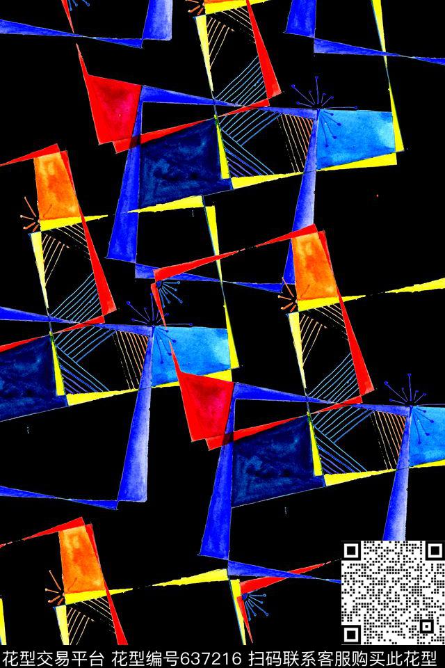 撞色手绘小方块数码印花华亿平台下载（图片编号: 637216） - 瓦栏（Walan）