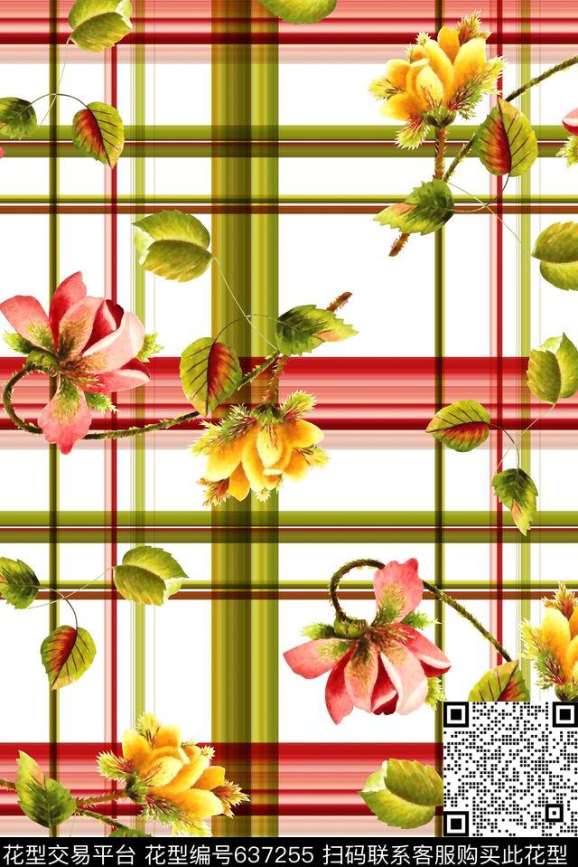 抽象手绘满版花卉格子最新高清数码水彩花卉数码印花华亿平台下载（图片编号: 637255） - 瓦栏（Walan）