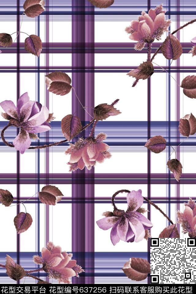 抽象手绘满版花卉格子最新高清数码水彩花卉数码印花华亿平台下载（图片编号: 637256） - 瓦栏（Walan）