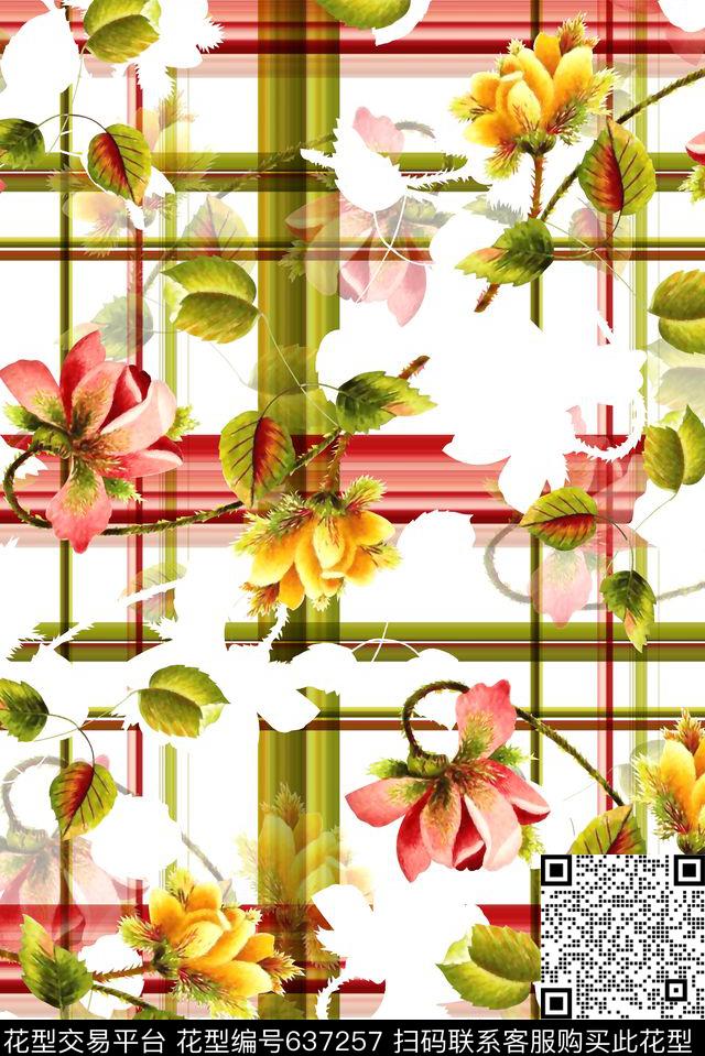 抽象手绘满版花卉格子最新高清数码水彩花卉数码印花华亿平台下载（图片编号: 637257） - 瓦栏（Walan）