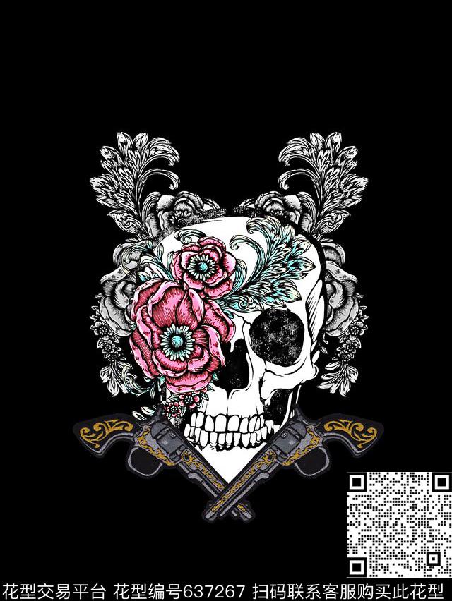 复古骷髅头花卉男装T恤数码印花华亿平台下载（图片编号: 637267） - 瓦栏（Walan）
