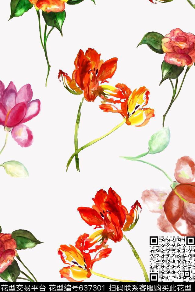 手绘水彩花卉数码印花华亿平台下载（图片编号: 637301） - 瓦栏（Walan）