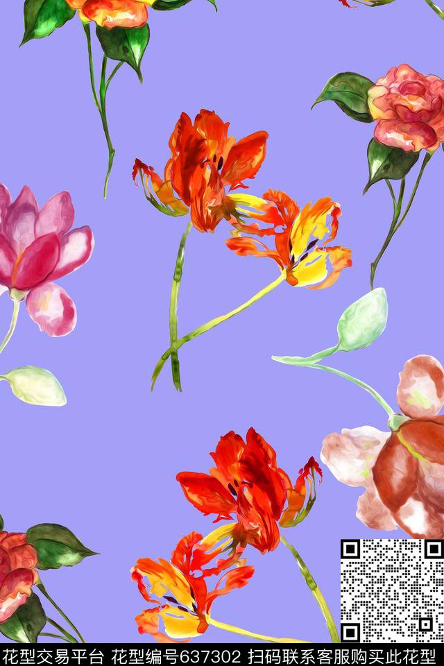 手绘水彩花卉数码印花华亿平台下载（图片编号: 637302） - 瓦栏（Walan）