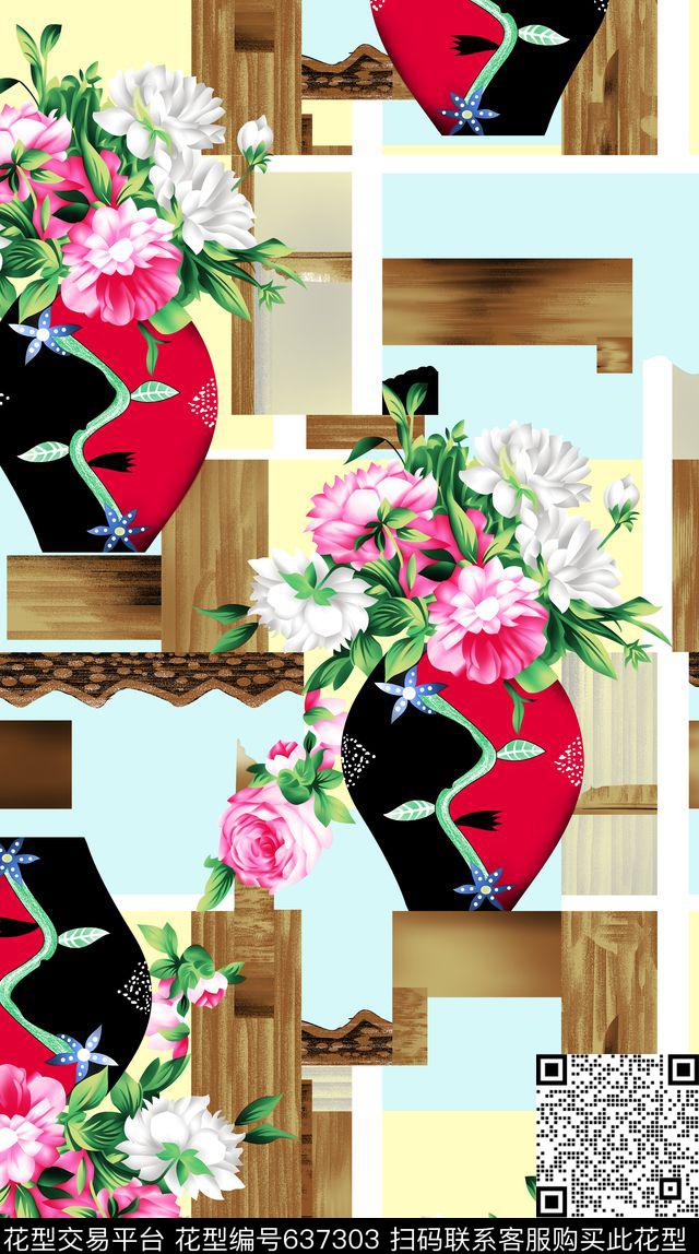 花卉拼块花瓶数码印花华亿平台下载（图片编号: 637303） - 瓦栏（Walan）
