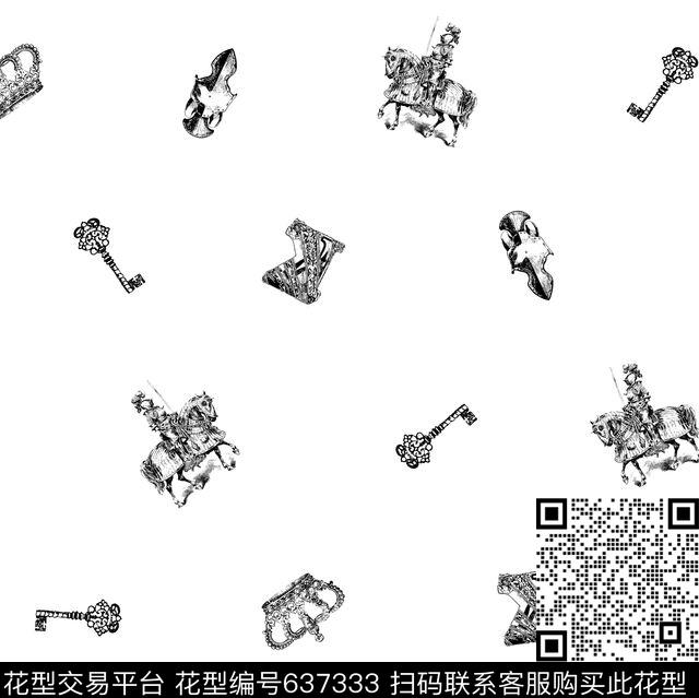 骑士黑白传统印花华亿平台下载（图片编号: 637333） - 瓦栏（Walan）