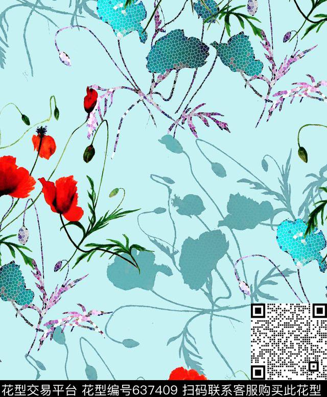 花卉水彩画高端女装华亿平台数码印花华亿平台下载（图片编号: 637409） - 瓦栏（Walan）