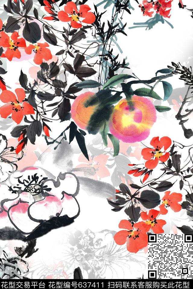 女装水墨花卉数码印花华亿平台下载（图片编号: 637411） - 瓦栏（Walan）
