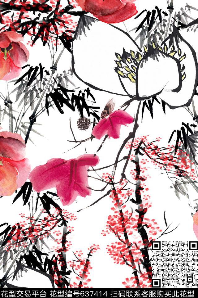 女装水墨花卉数码印花华亿平台下载（图片编号: 637414） - 瓦栏（Walan）