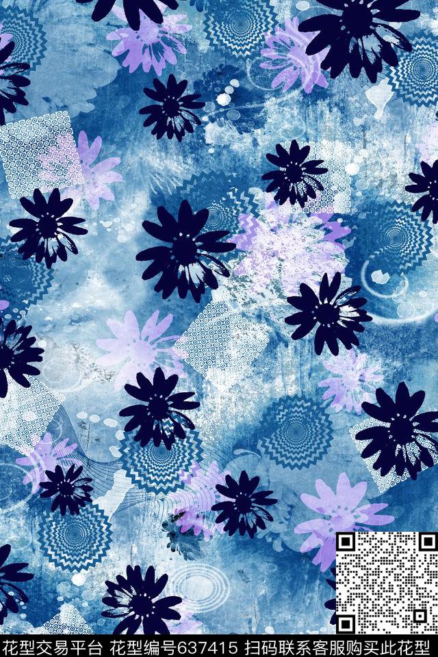 几何花卉水彩数码印花华亿平台下载（图片编号: 637415） - 瓦栏（Walan）