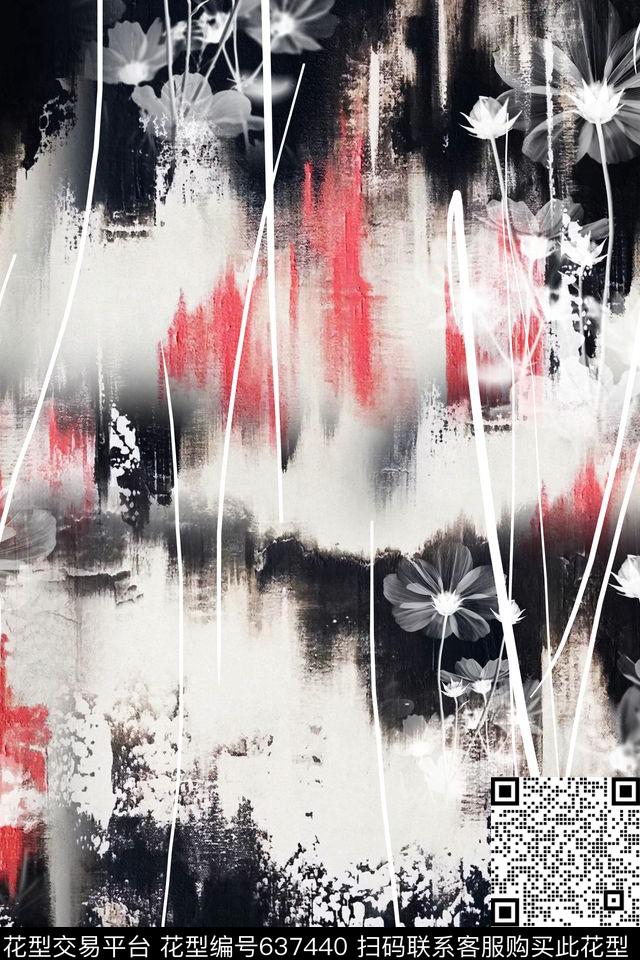 水墨花卉手绘数码印花华亿平台下载（图片编号: 637440） - 瓦栏（Walan）