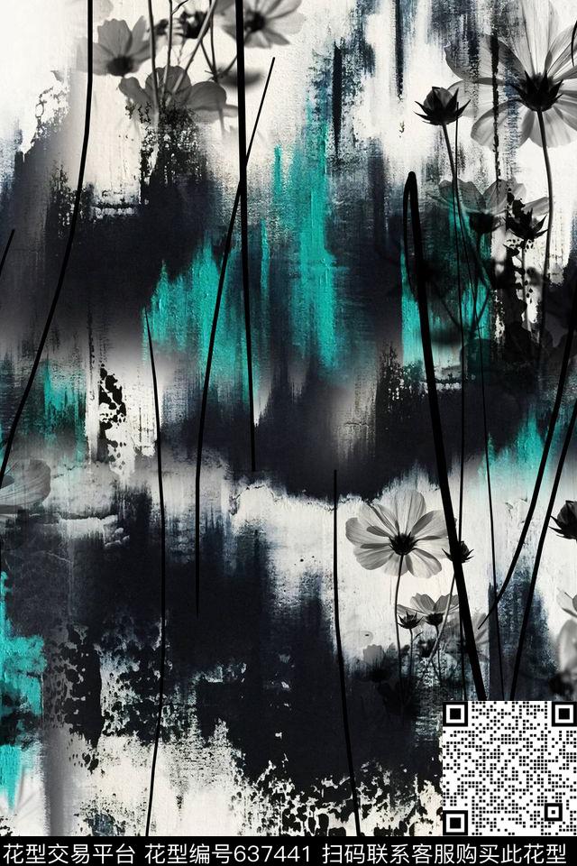 水墨花卉手绘数码印花华亿平台下载（图片编号: 637441） - 瓦栏（Walan）