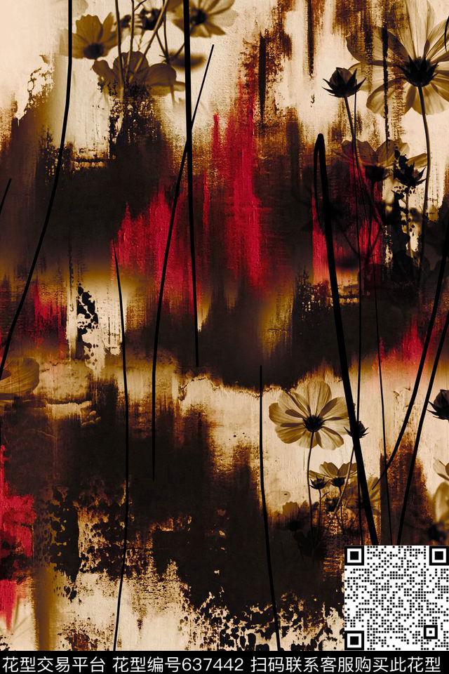 水墨花卉手绘数码印花华亿平台下载（图片编号: 637442） - 瓦栏（Walan）